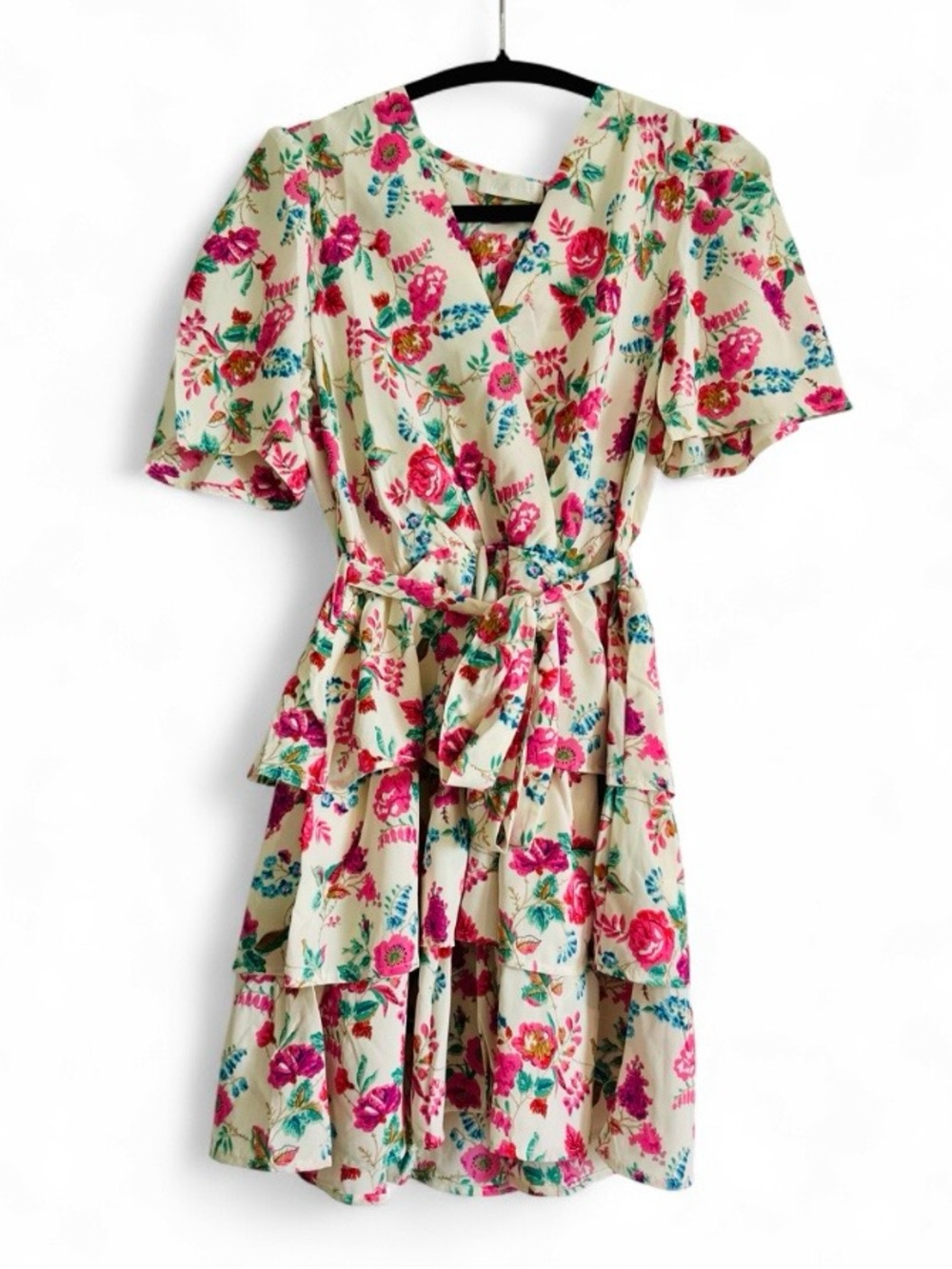 Flamant Rose Cream Pink Floral Tiered Ruffle Wrap Mini Dress Size Small NWT